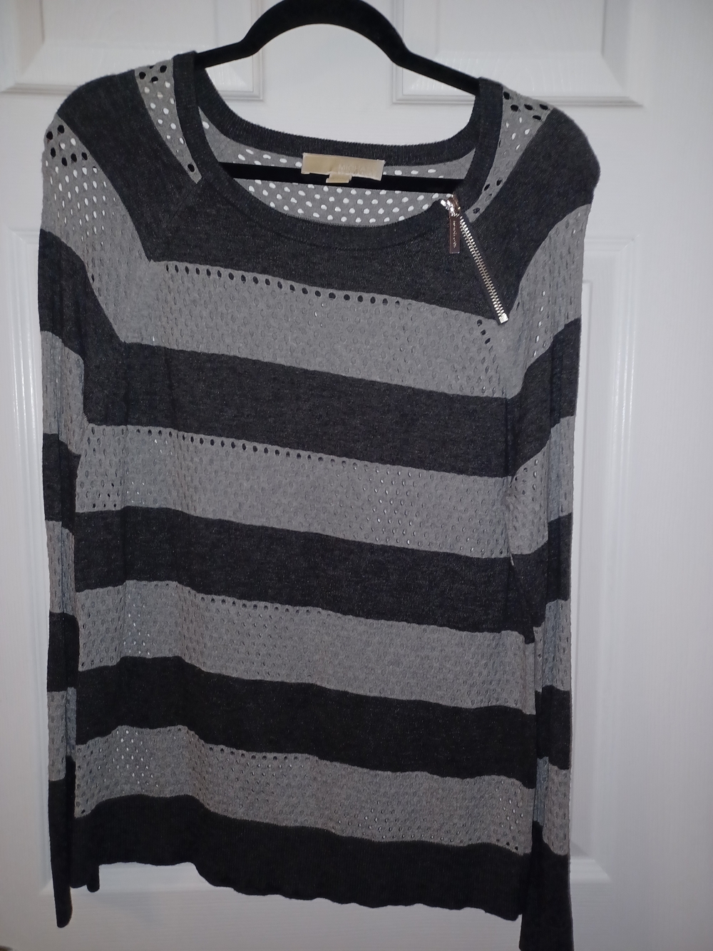 Michael Kors Striped Gray & Charcoal Long-Sleeve Top with Zipper Detail